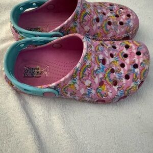 CROCS Pink Unicorn Print Clogs with Teal Heel Strap